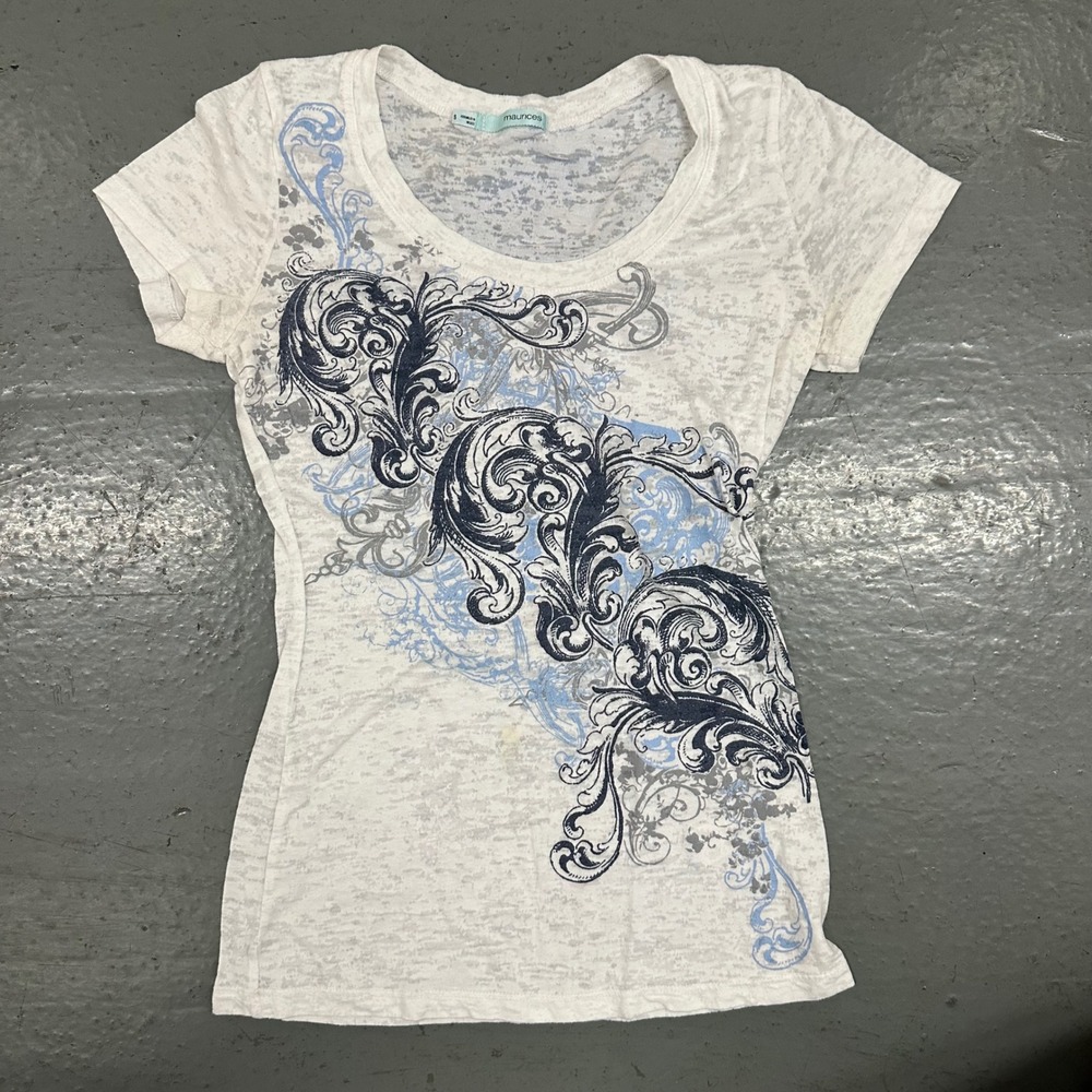Maurices Womens T Shirt Small White Graphic Scroll Burnout Preowned Stain